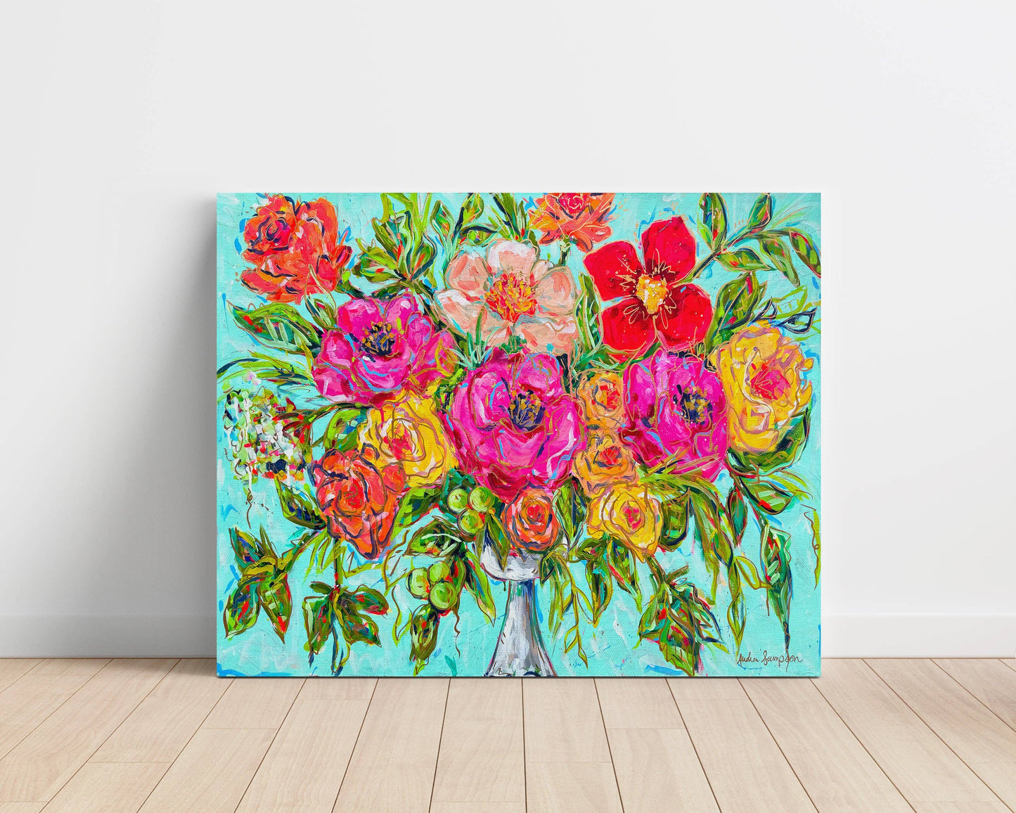 Milk Glass Floral Vase Gallery Wrapped Canvas - Flower Bouquet Art Painting Audra Style