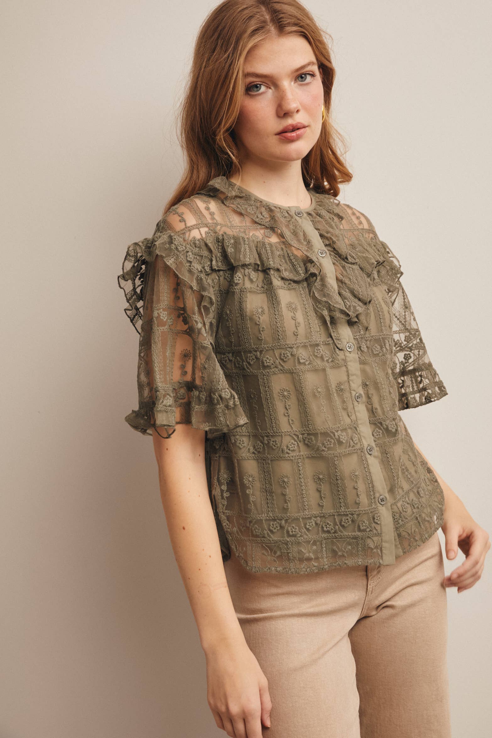 Embroidered Ruffle Lace Blouse - 926 West
