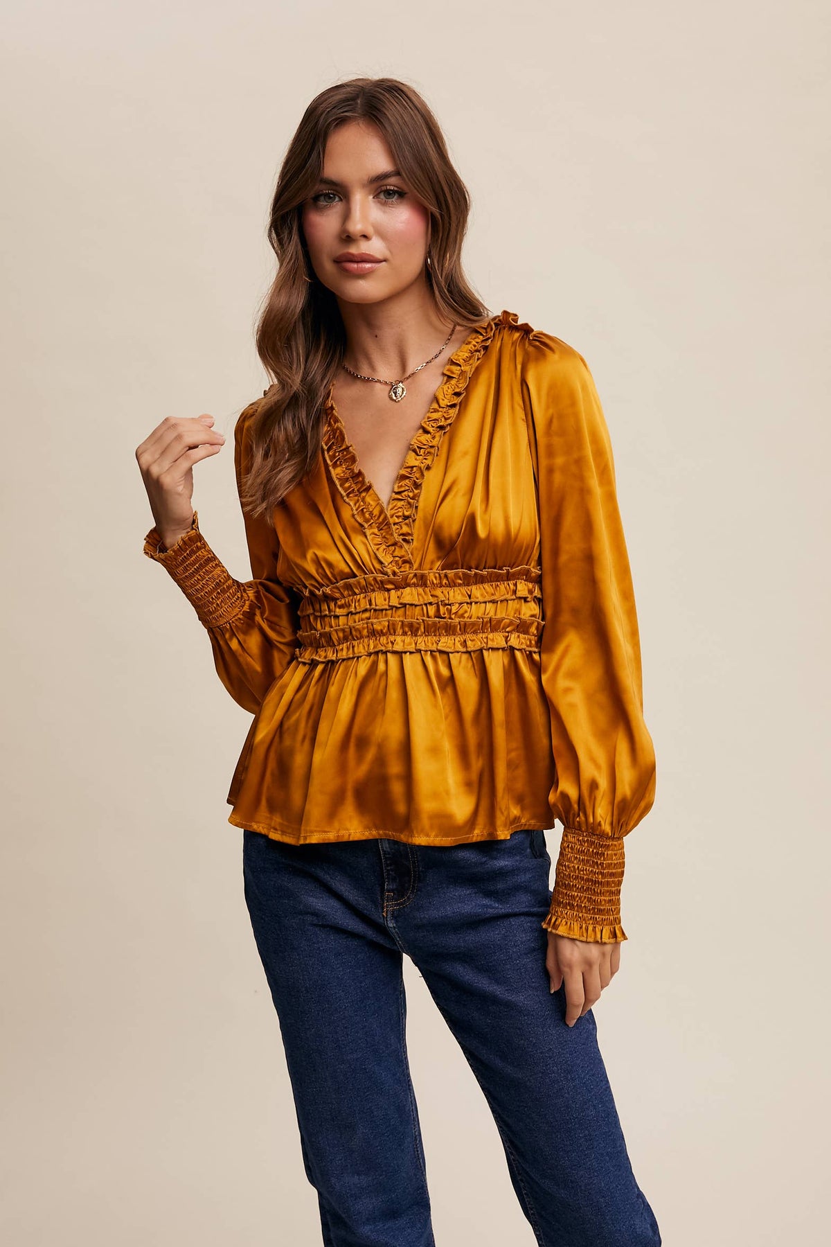 Butter Scotch Ruffle-Trim Satin Peplum Blouse