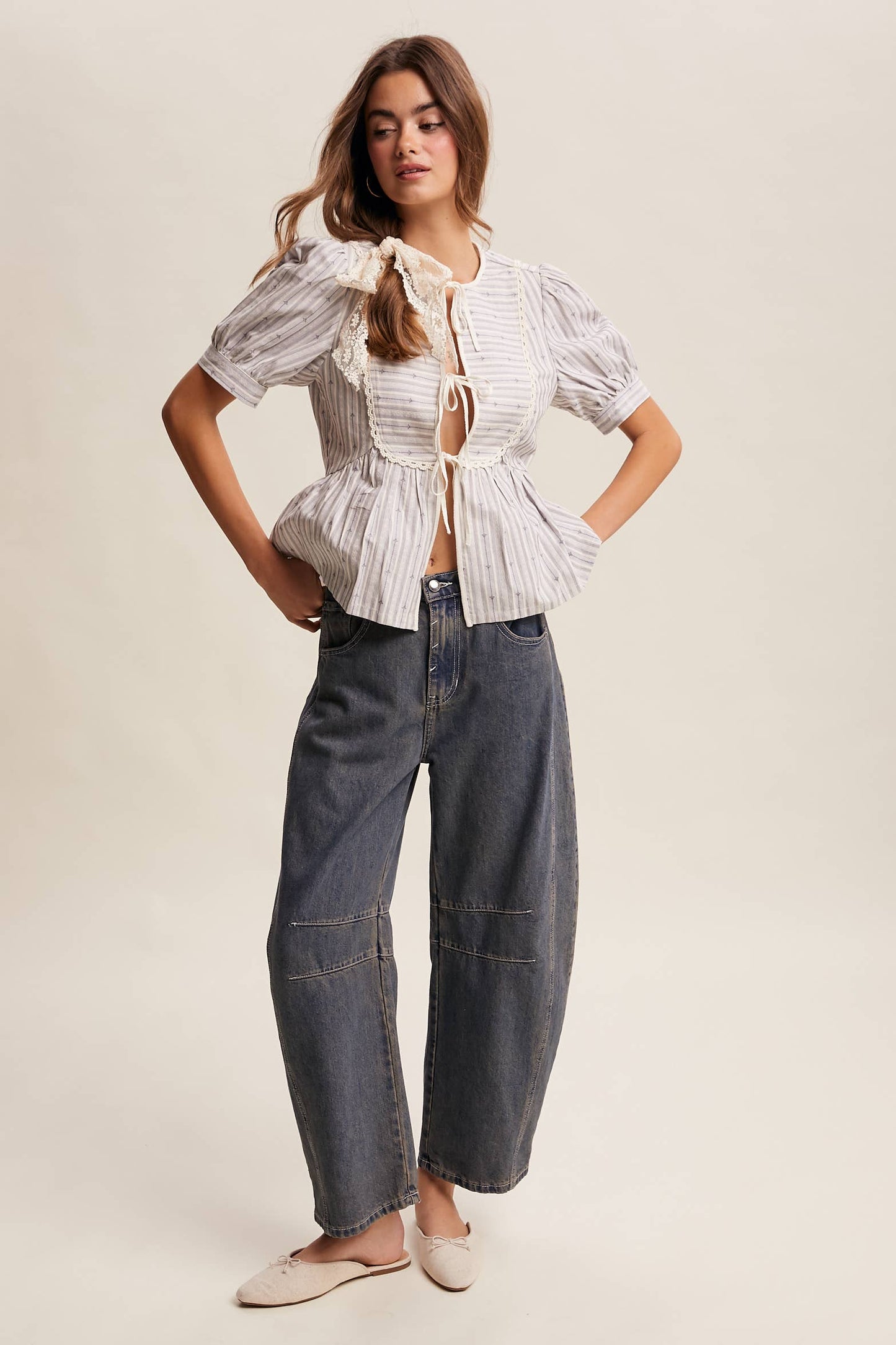 Jacquard Tie-Front Peplum Blouse – Slate Blue