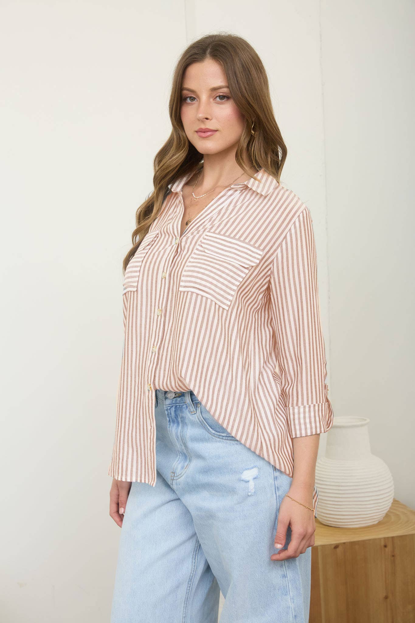 Blu Pepper Stripe Collared Button-Down Lightweight Shirt