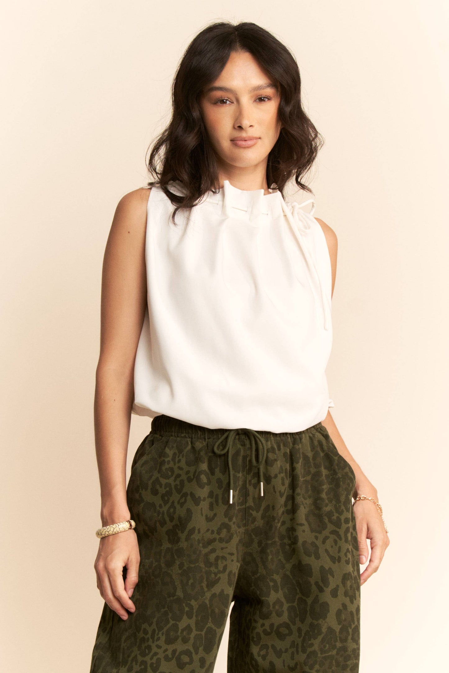 SOLID SLEEVELESS COWL NECK TIE DETAIL TOP