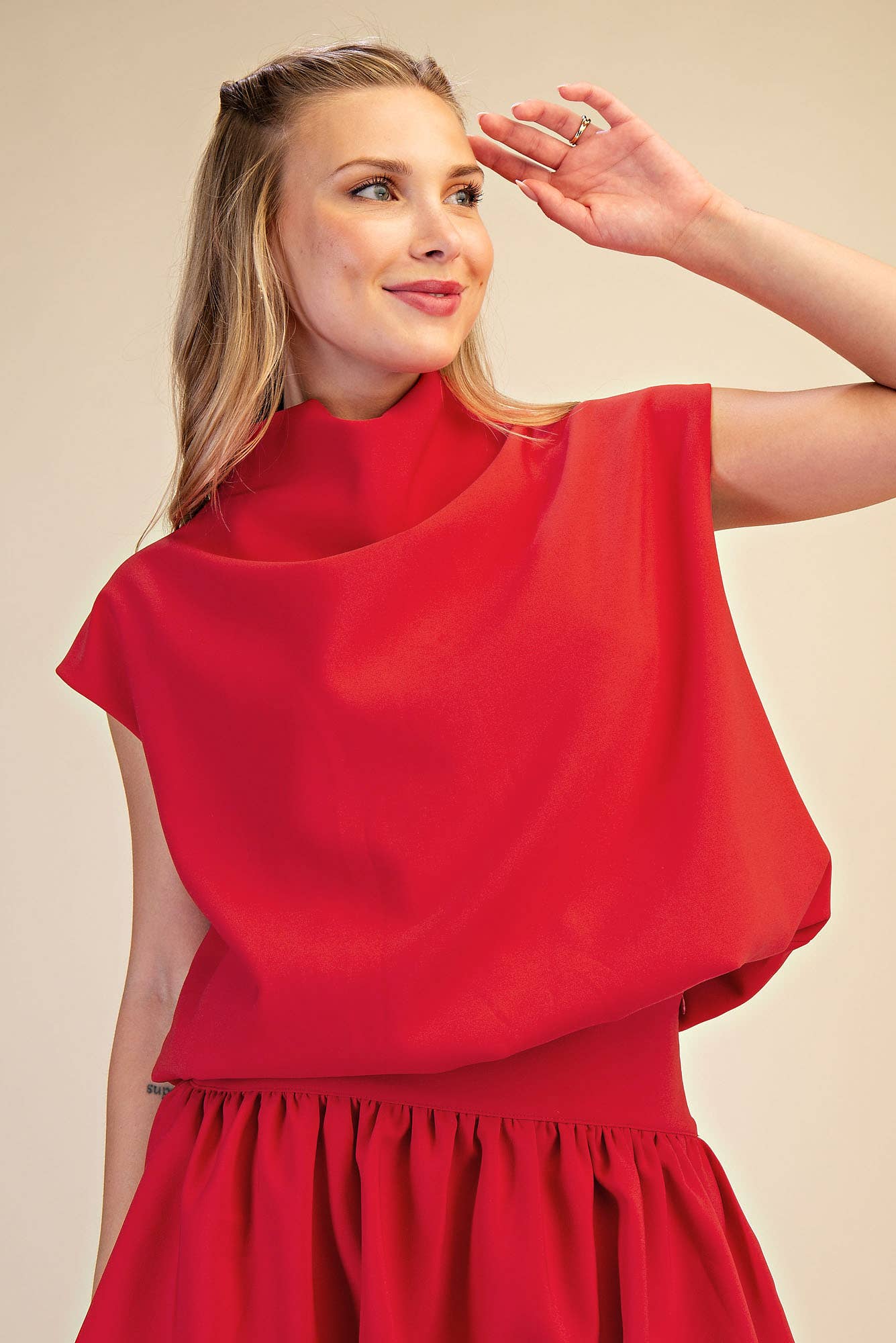 Red Mock Neck Balloon Top