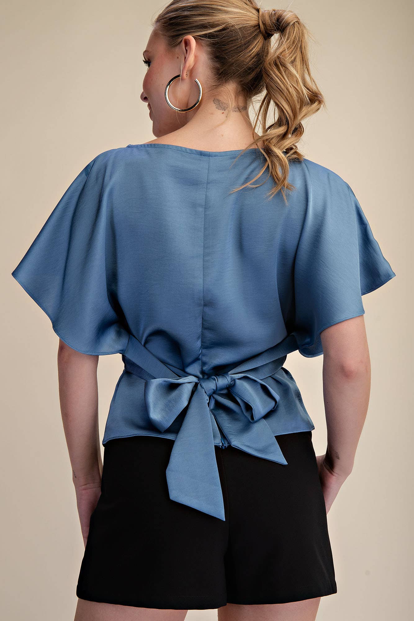 GLAM - Two Way Boat Neckline Bell Sleeve Waist Tie Top
