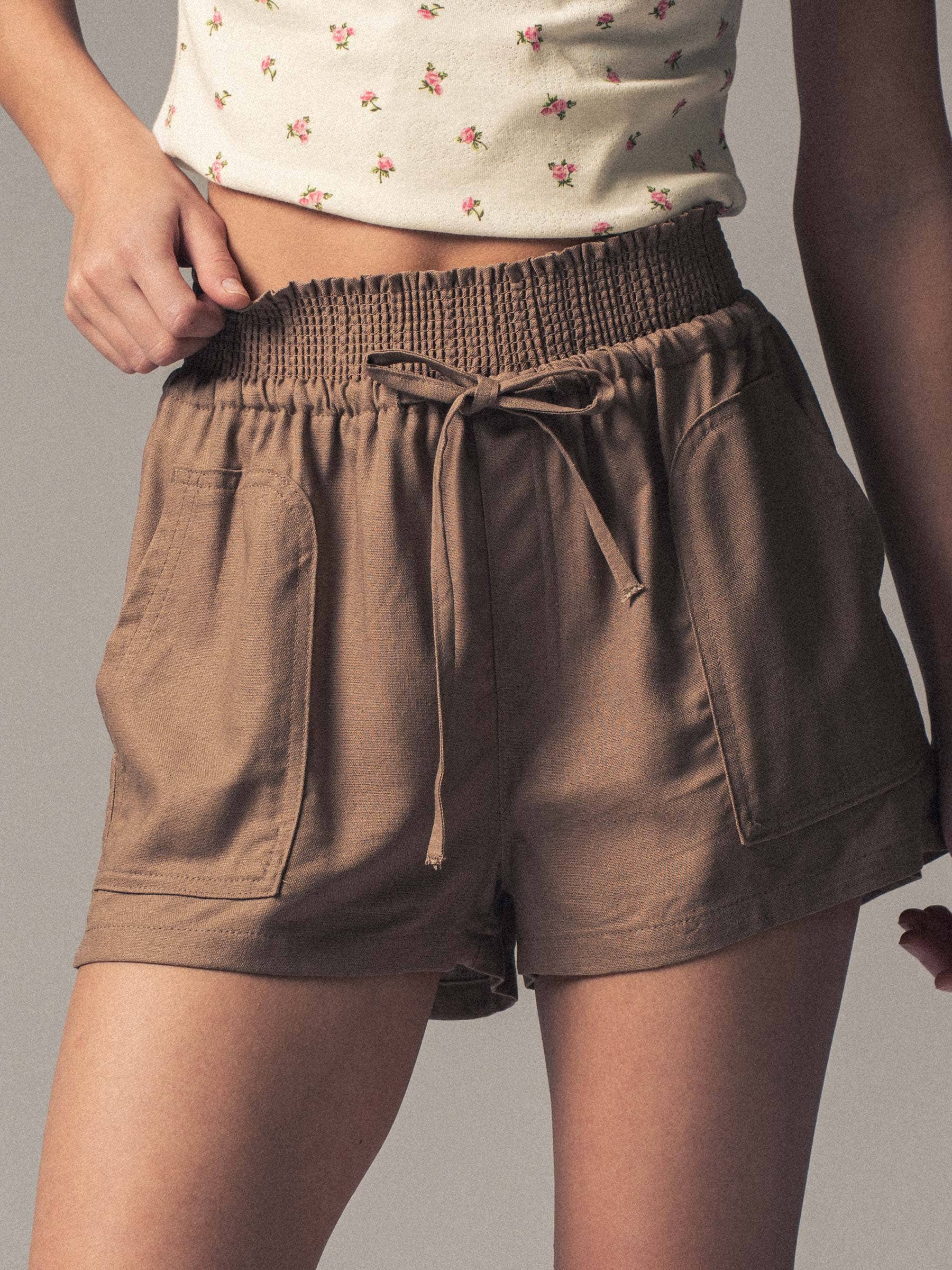 Junior Smocked Waist Linen Blend Shorts 926 WEST