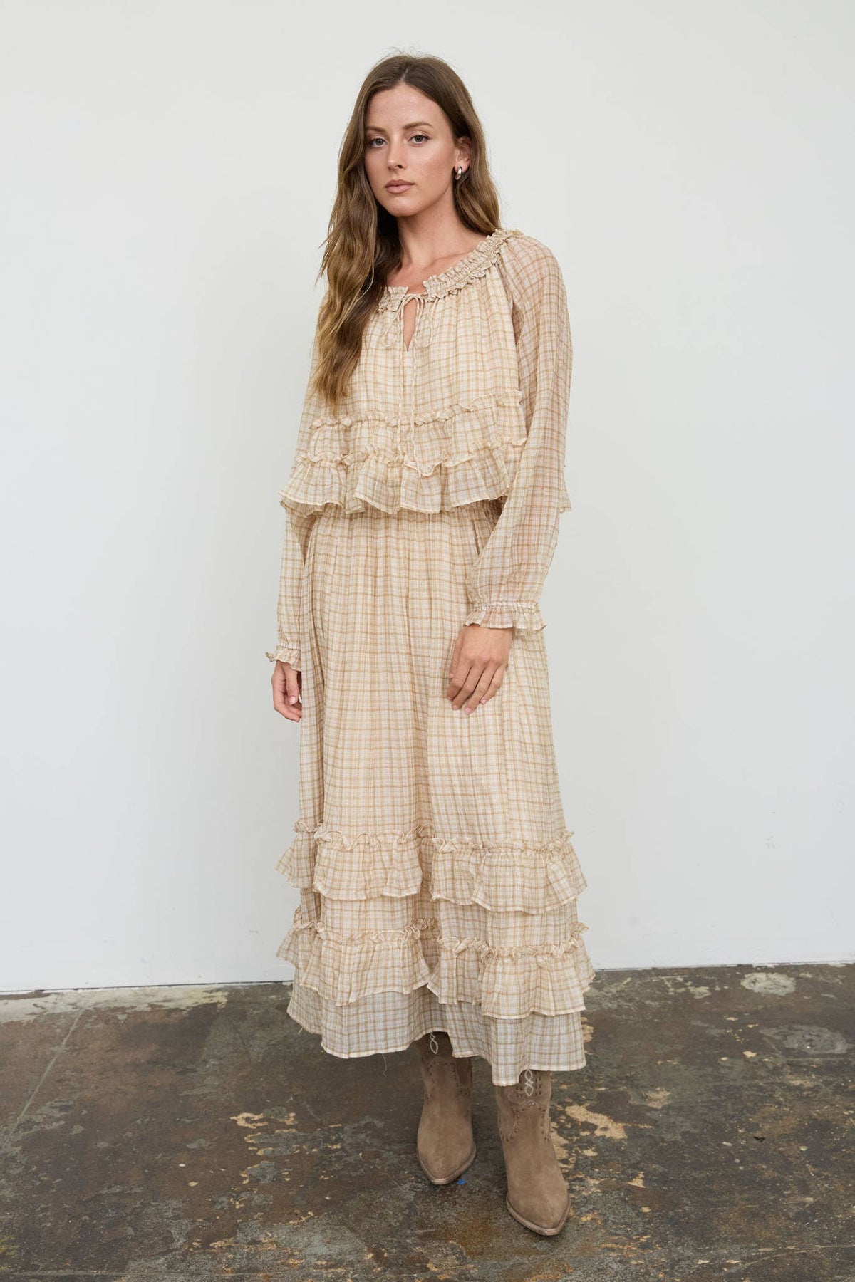 Khaki Plaid Smocked Puff Sleeve Top