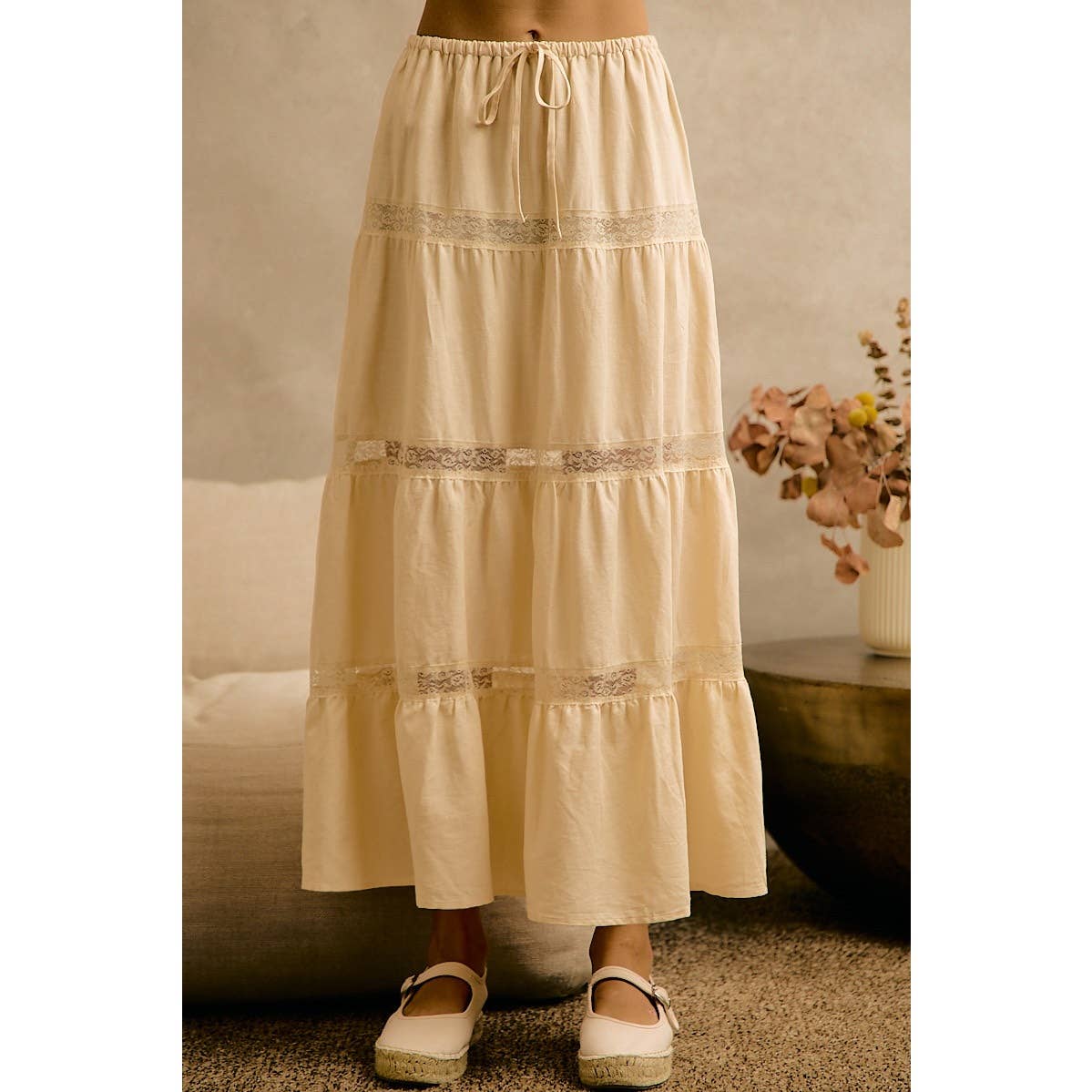 Ivory Lace-Trim Tiered Maxi Skirt