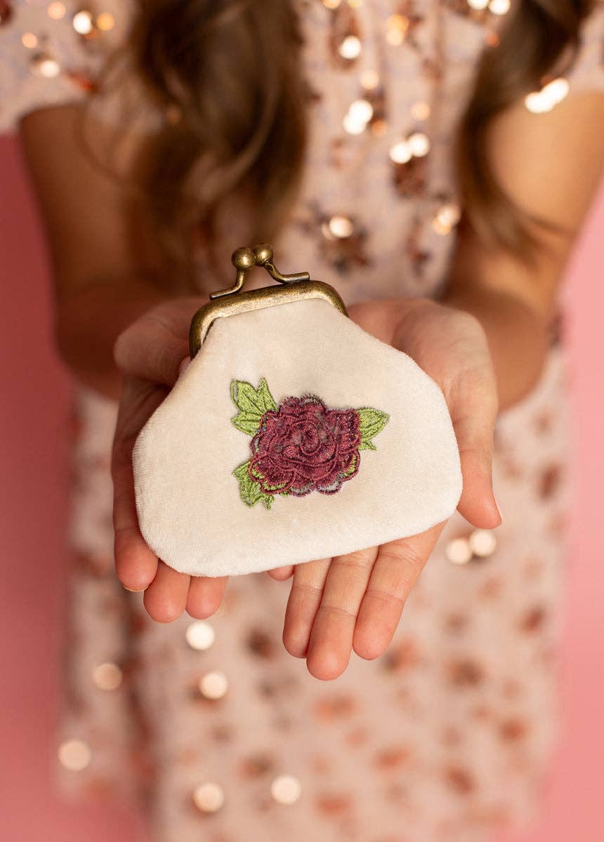Deavaney Velvet Coin Purse in Cream | Embroidered Flower