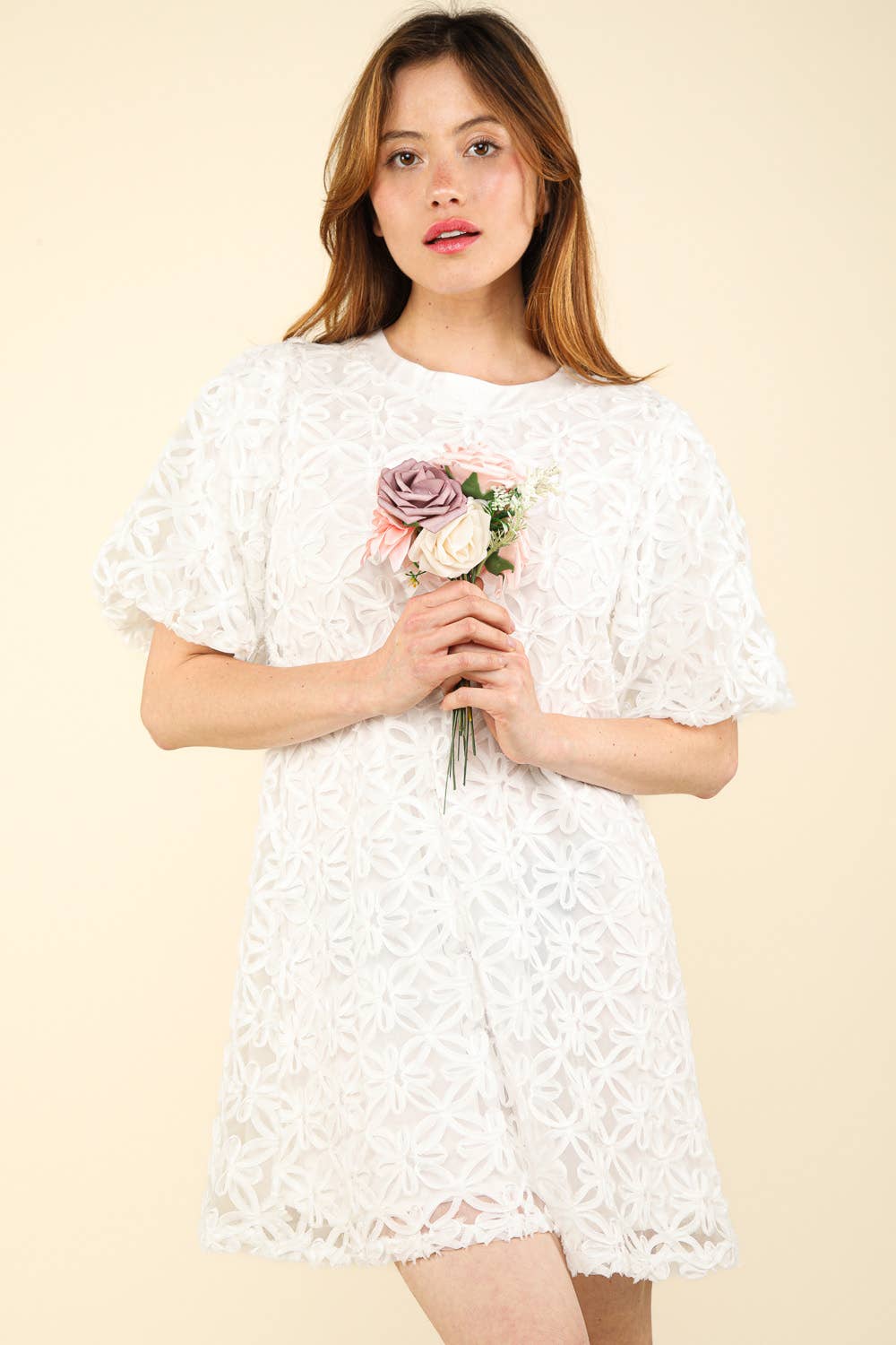 VERY J- 3D Floral Texture Organza Puff Sleeve Mini Dress - 926 West