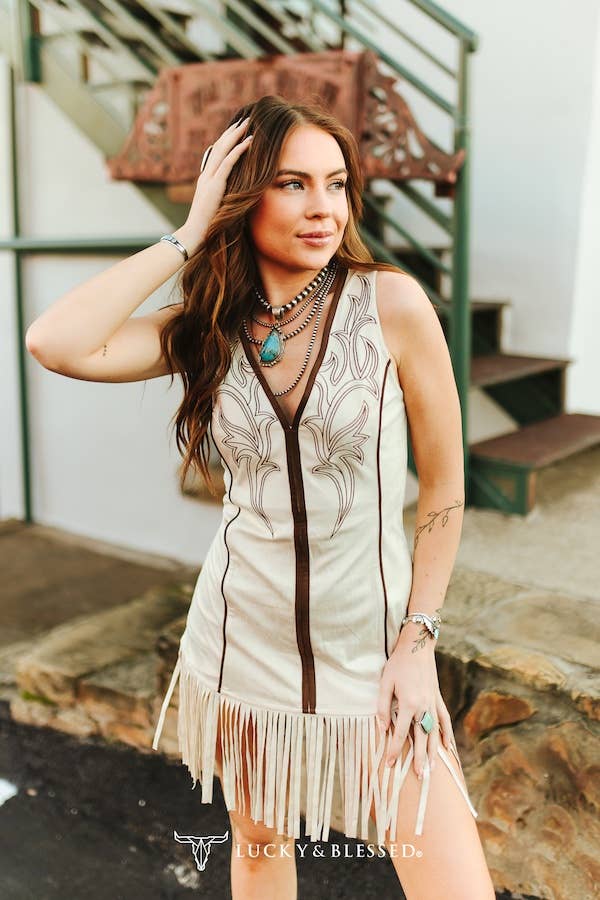 Lucky & Blessed - Ivory Stretch Seude Brown Embroidered Piping Fringe Hem Dress - 926 West