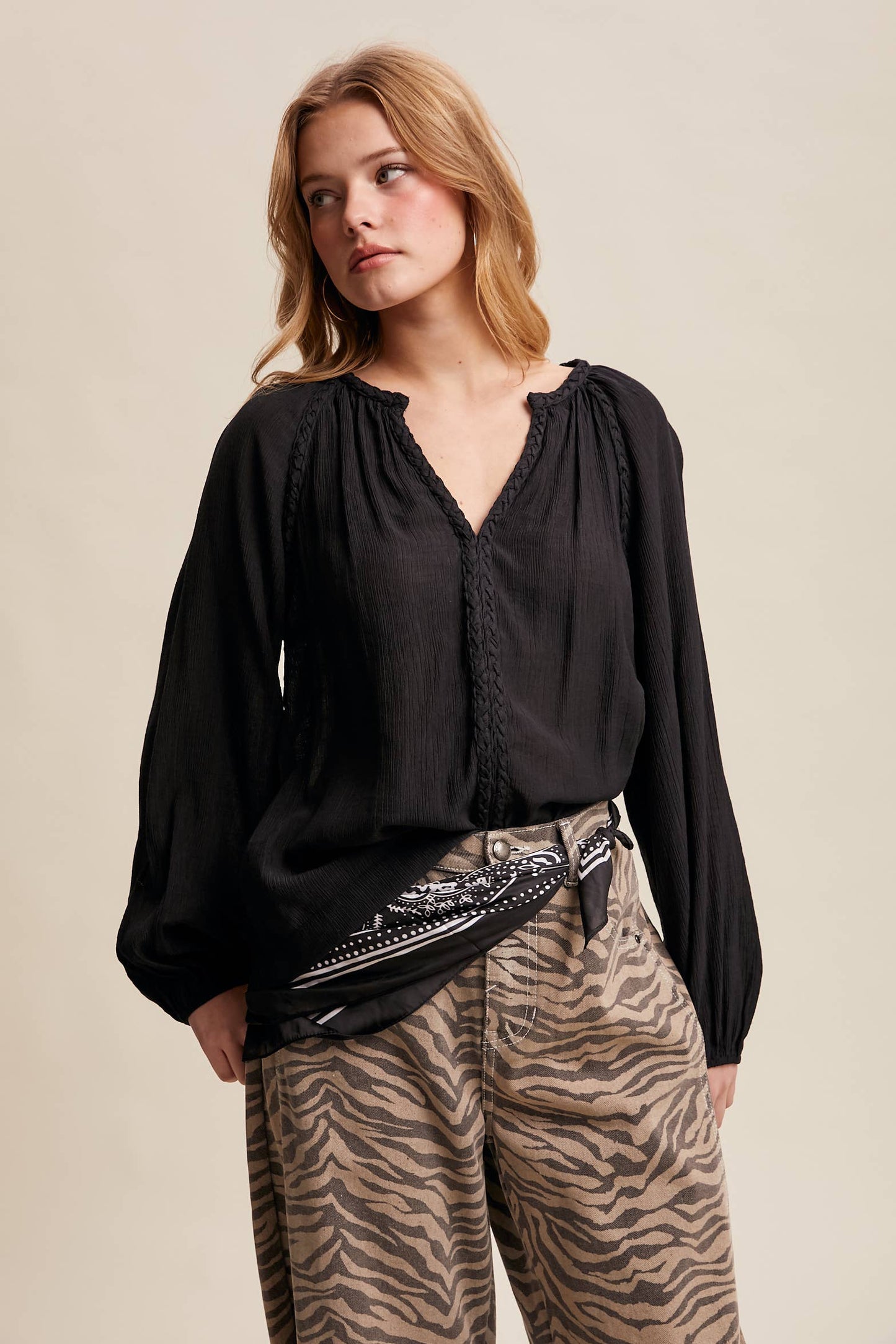 Braided Trim Peasant Blouse – Boho Flowy Top