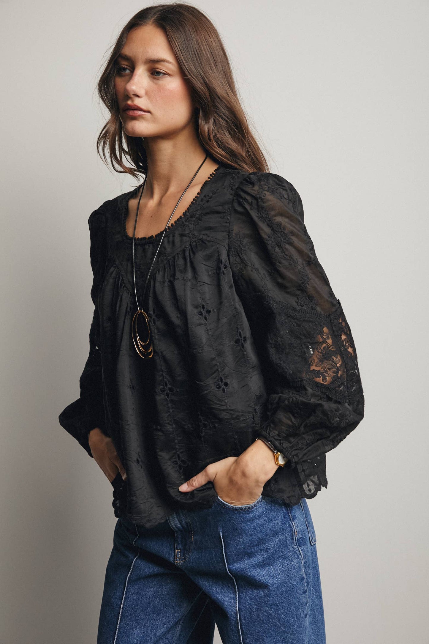 Forte - Embroidered Lace Puff Sleeve Blouse