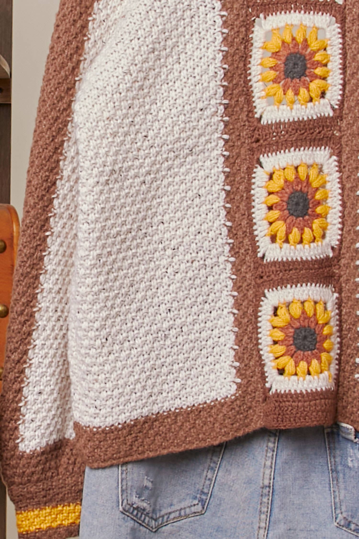 Color Block Sunflower Crochet V Neck Cardigan Mello.