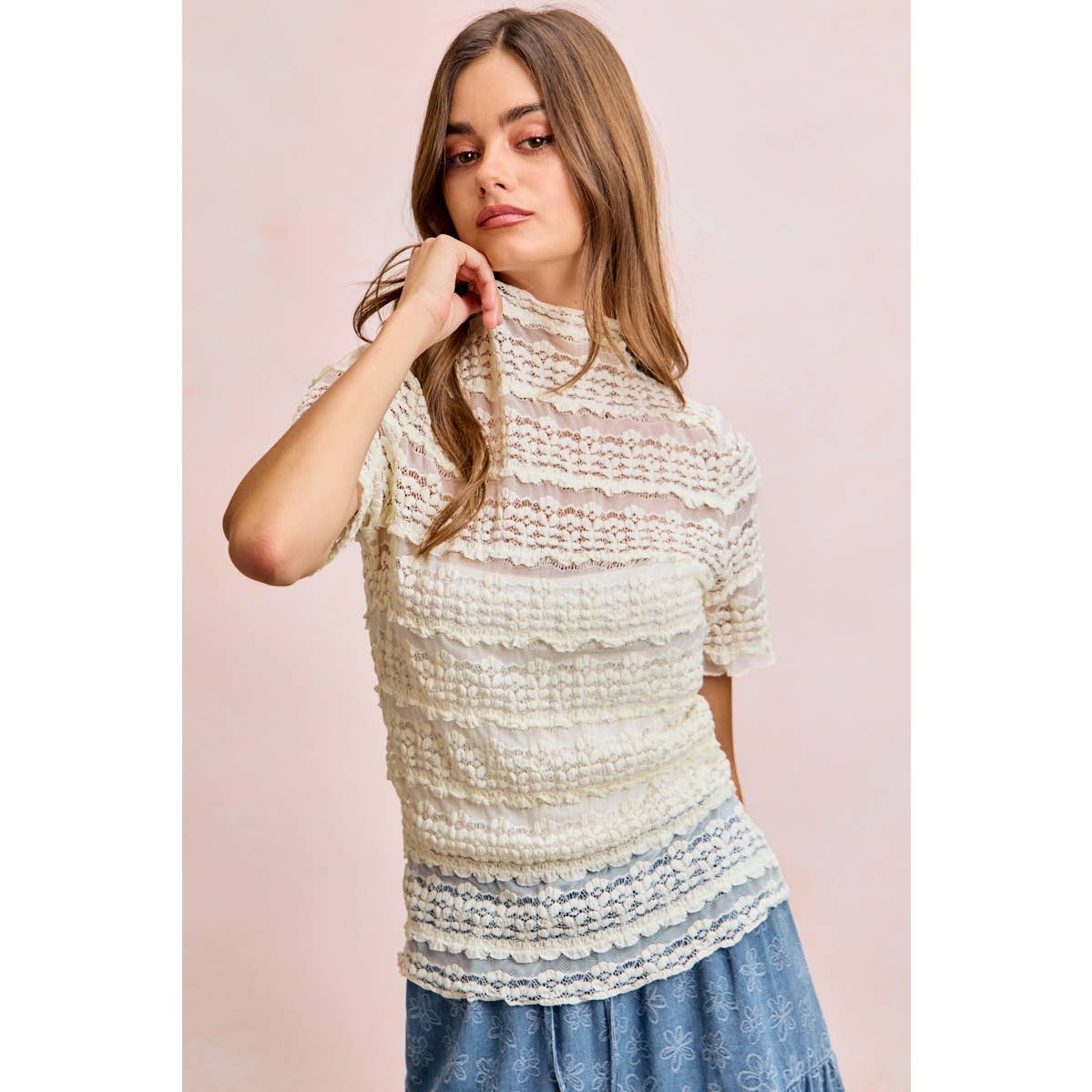 Short Sleeve Ruffle Floral Lace Top