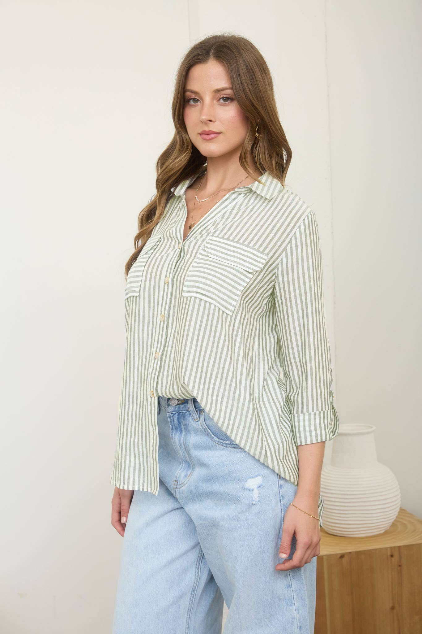 Blu Pepper Stripe Collared Button-Down Lightweight Shirt