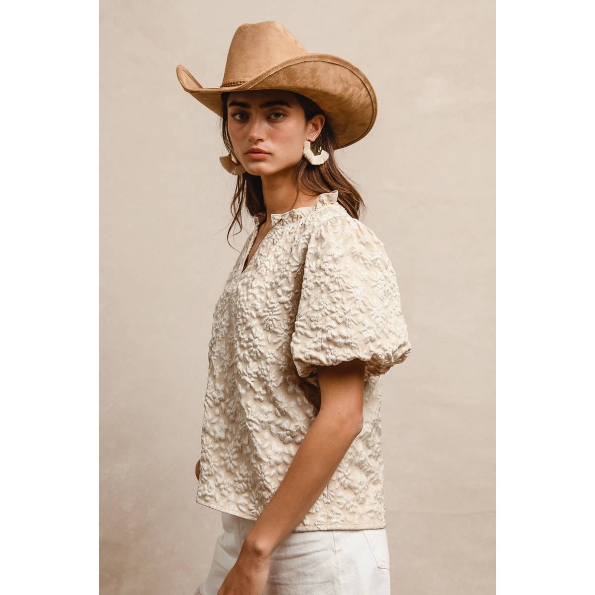 Floral Texture Balloon Sleeve V-Neck Top