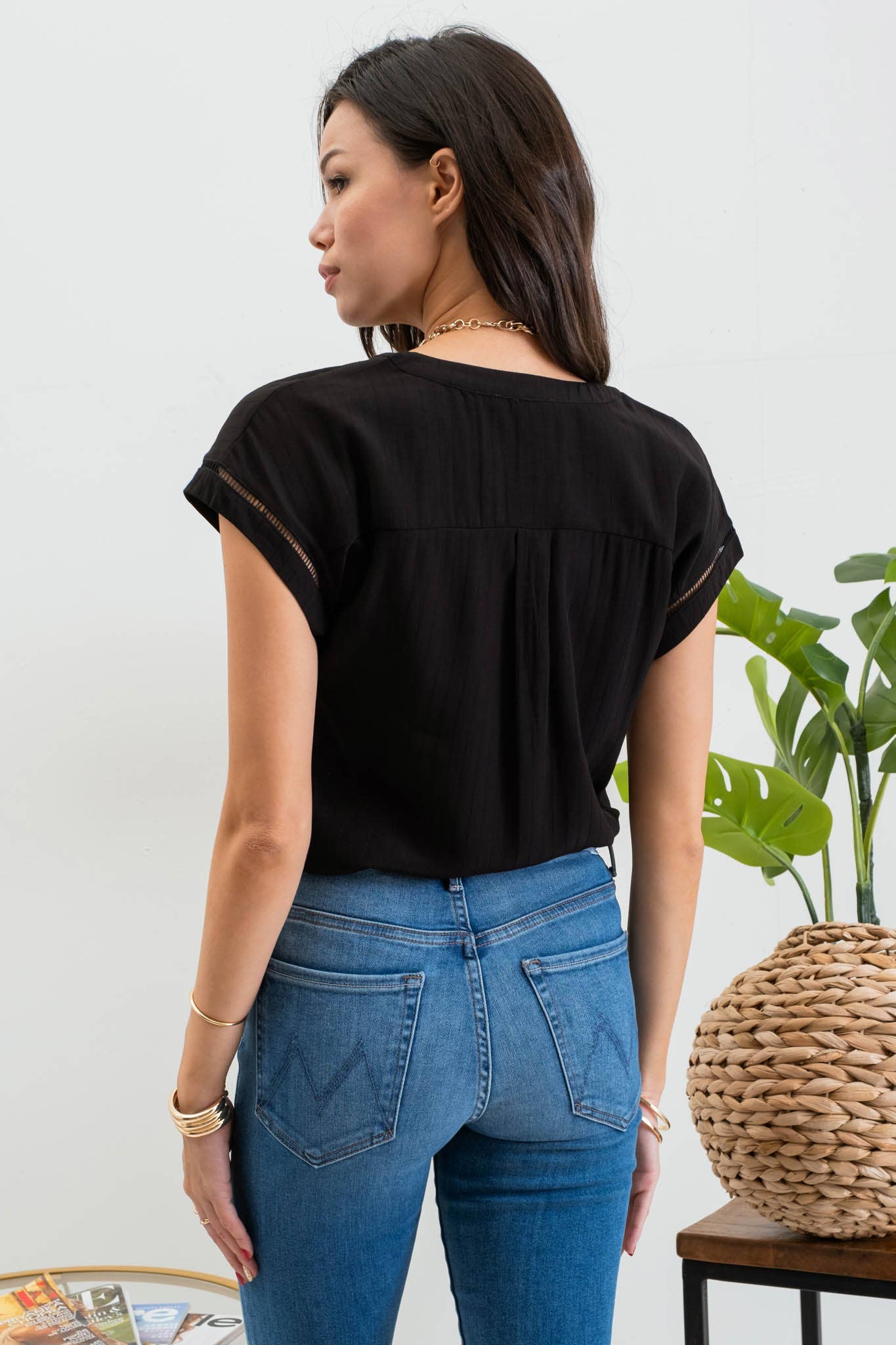 FINAL SALE- LACE TRIM SPLIT NECK TOP 926 WEST