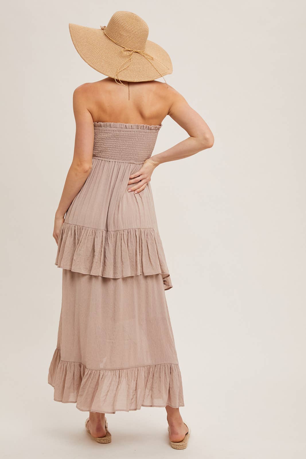 FINAL SALE- BOHO SMOCKED STRAPLESS TIERED RUFFLE MIDI DRESS 926 WEST