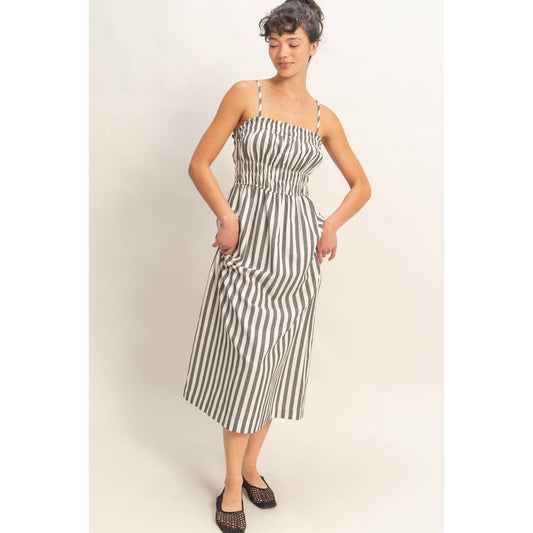 HYFVE - Striped Spaghetti Strap Smocking Midi Dress