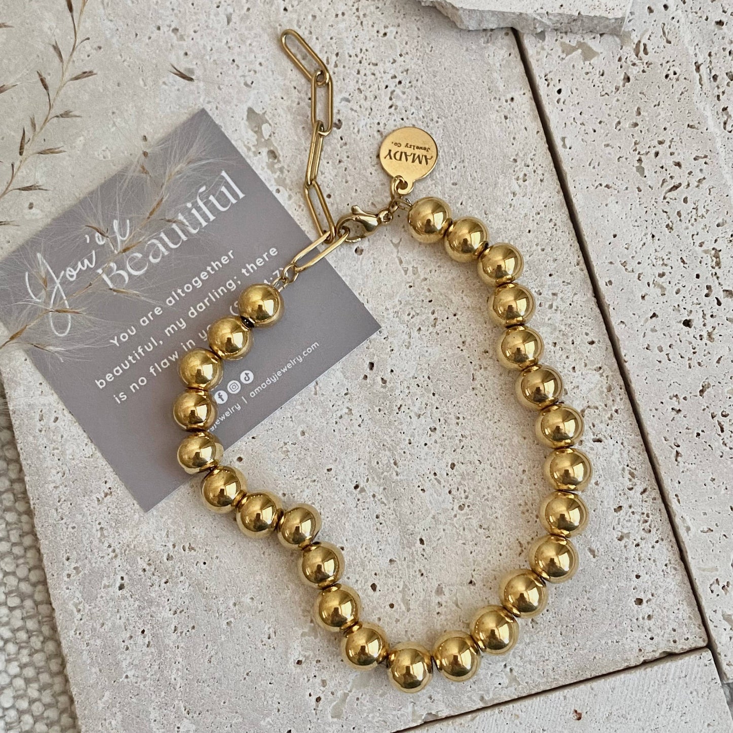 Bold Beaded Bracelet 18k Gold Plated 8mm stainless steel
