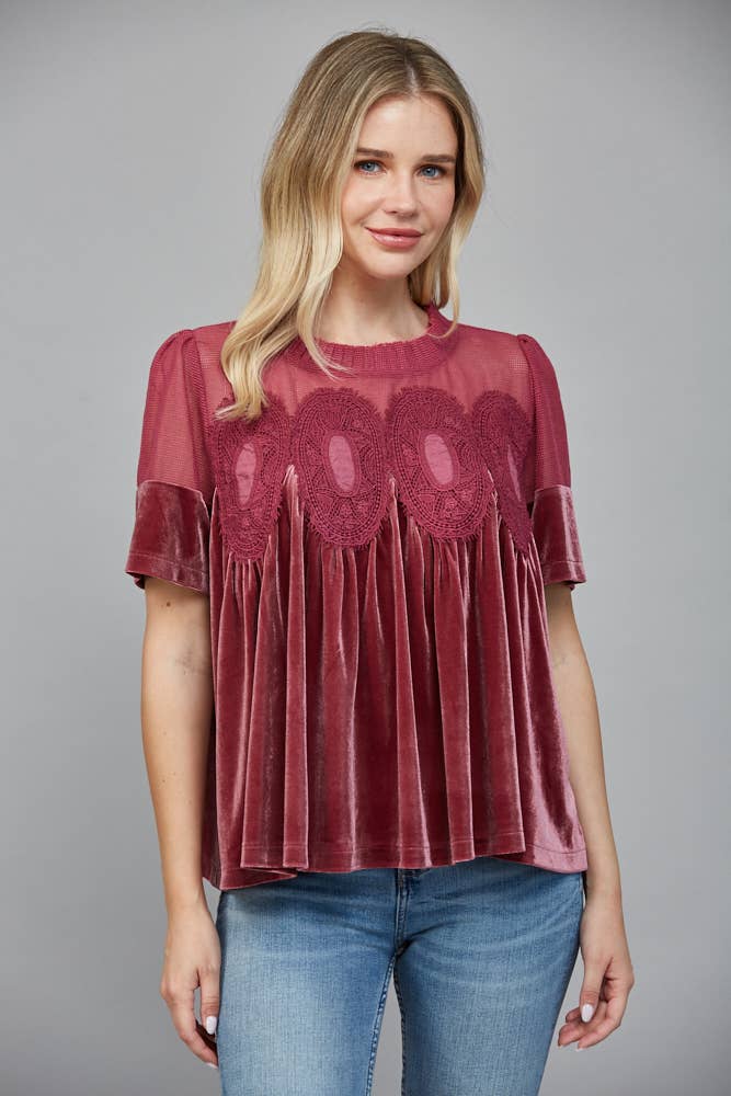 LACE DETAIL VELVET BABYDOLL TOP FATE