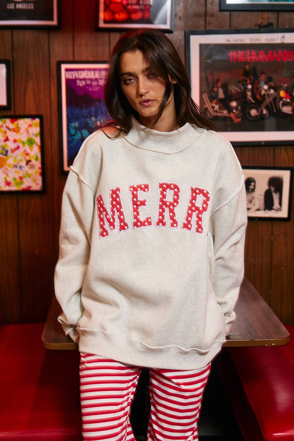 Merry Appliqué Varsity Mock Neck Sweatshirt