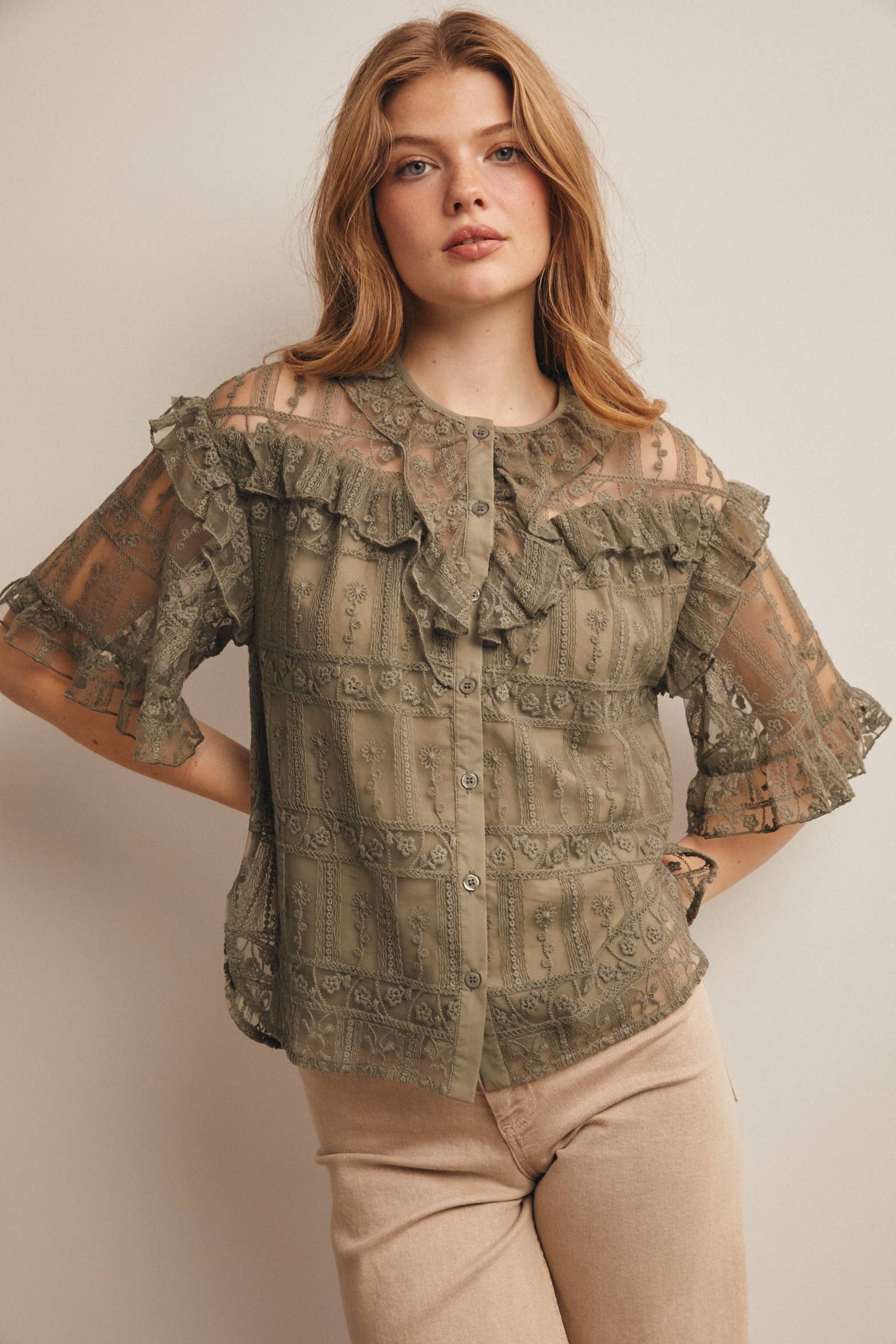 Embroidered Ruffle Lace Blouse - 926 West
