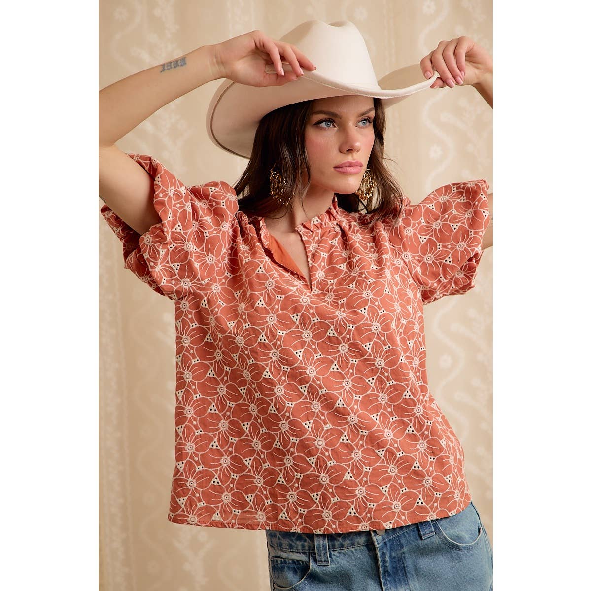 Rust Cotton Eyelet Puff Sleeve Blouse