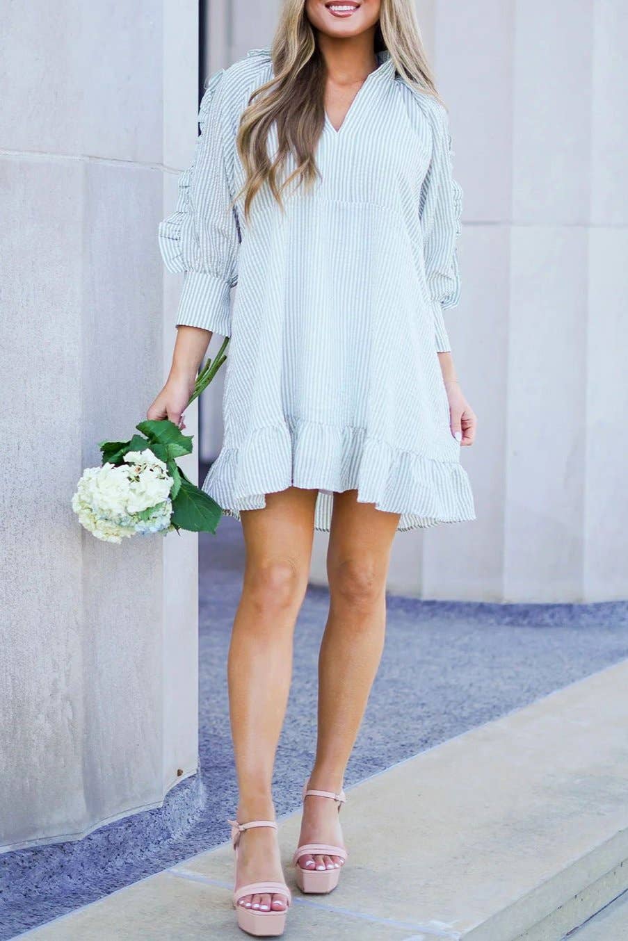 Stripe Ruffle 3/4 Sleeve Mini Dress 926 WEST