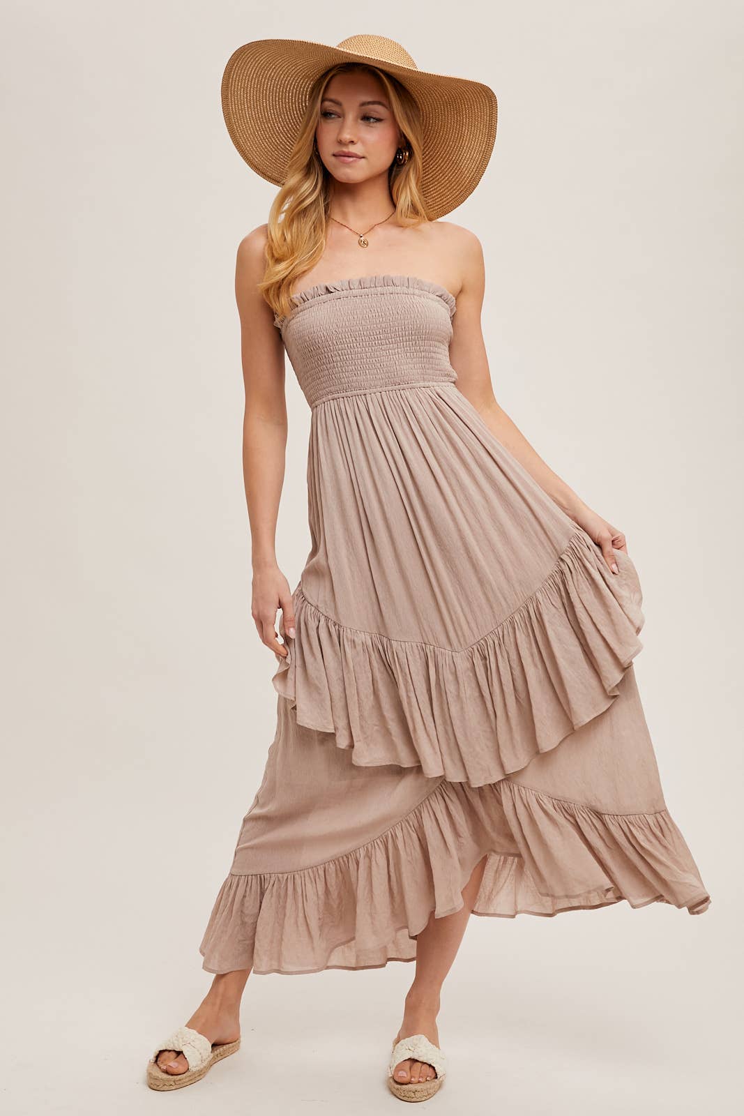 FINAL SALE- BOHO SMOCKED STRAPLESS TIERED RUFFLE MIDI DRESS 926 WEST