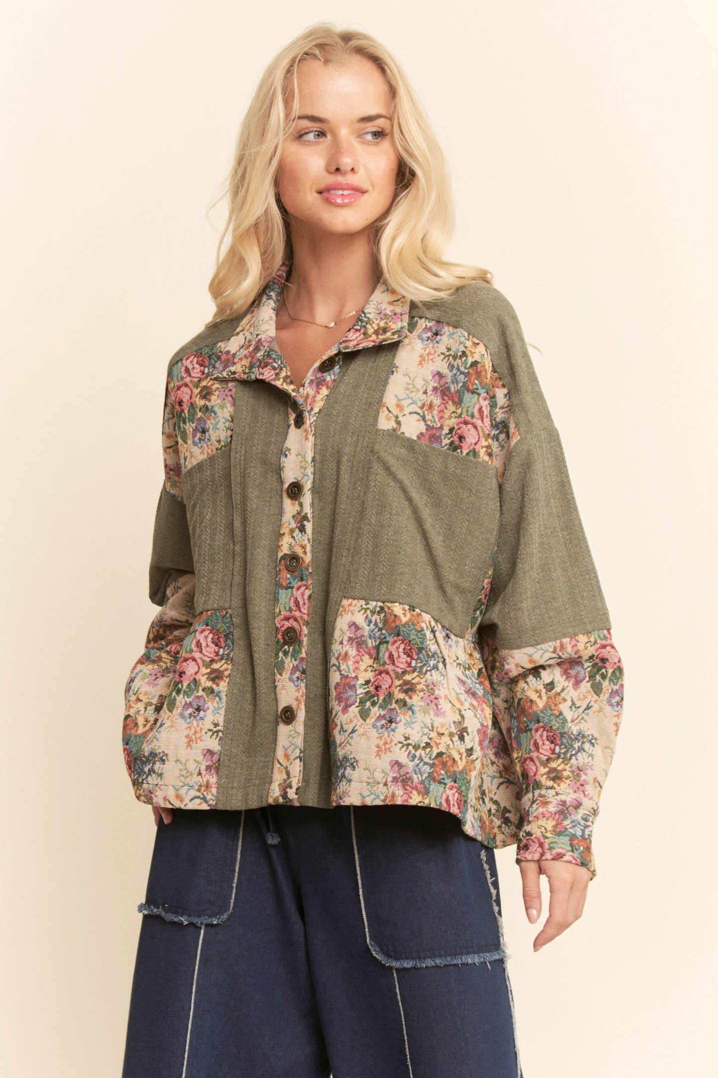 GARDEN KNIT BLOCKED BUTTON FRONT PEPLUM SHIRT