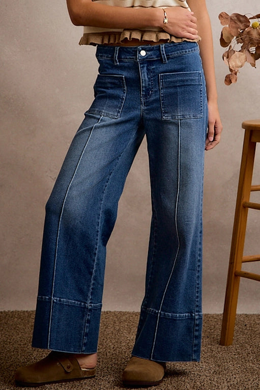 Mid Rise Flare Pin Tuck Bottom Demin Jeans front Patch Pocket