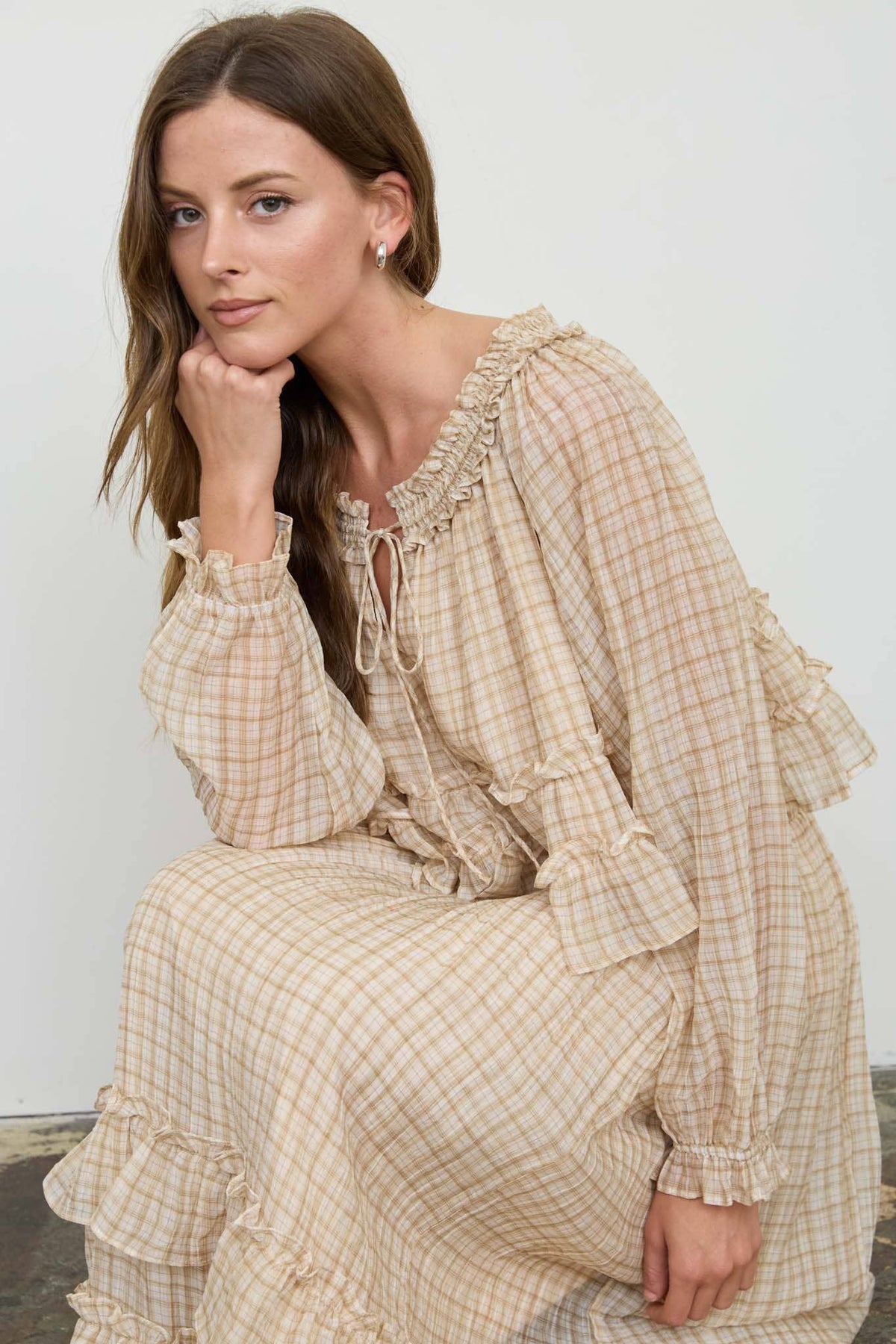 Khaki Plaid Smocked Puff Sleeve Top