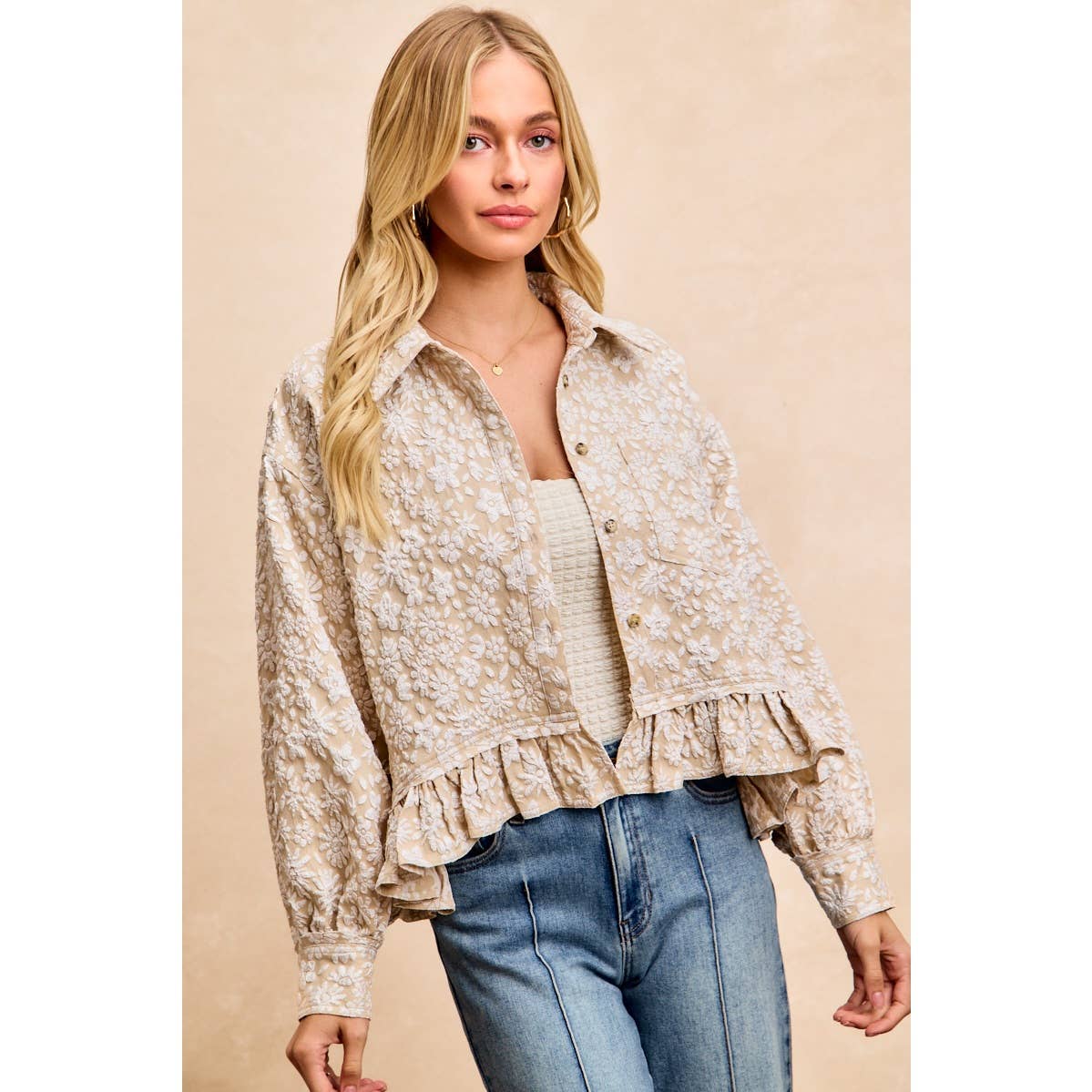 Textured Floral Ruffled Hem Button-Up Top