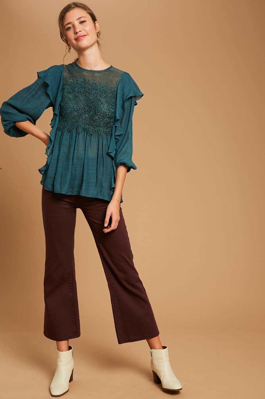 Emerald Green Floral Lace Ruffle Peasant Blouse