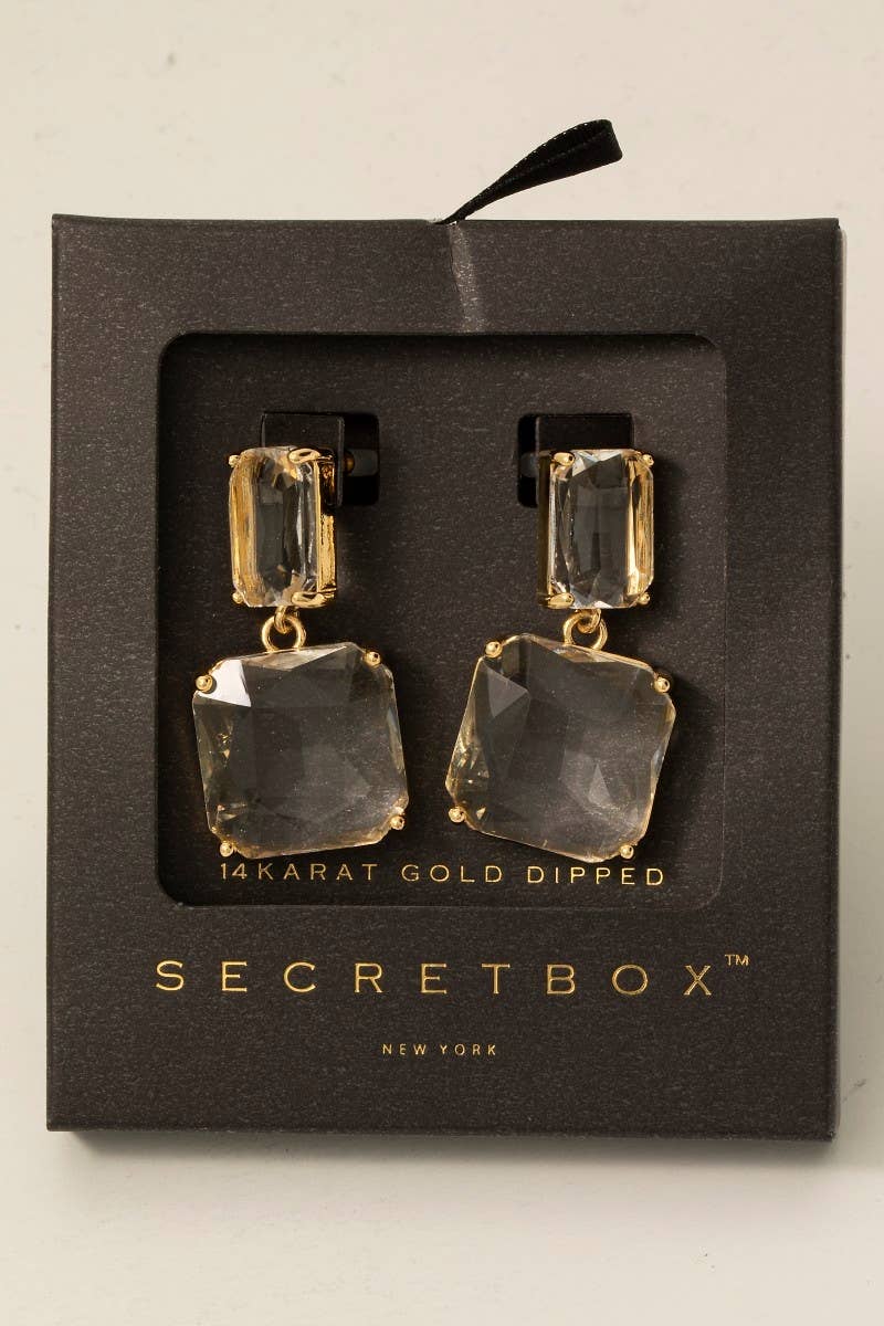 Secret Box Gold Dipped Large Faceted Gem Dangle Earrings Fame Accessories