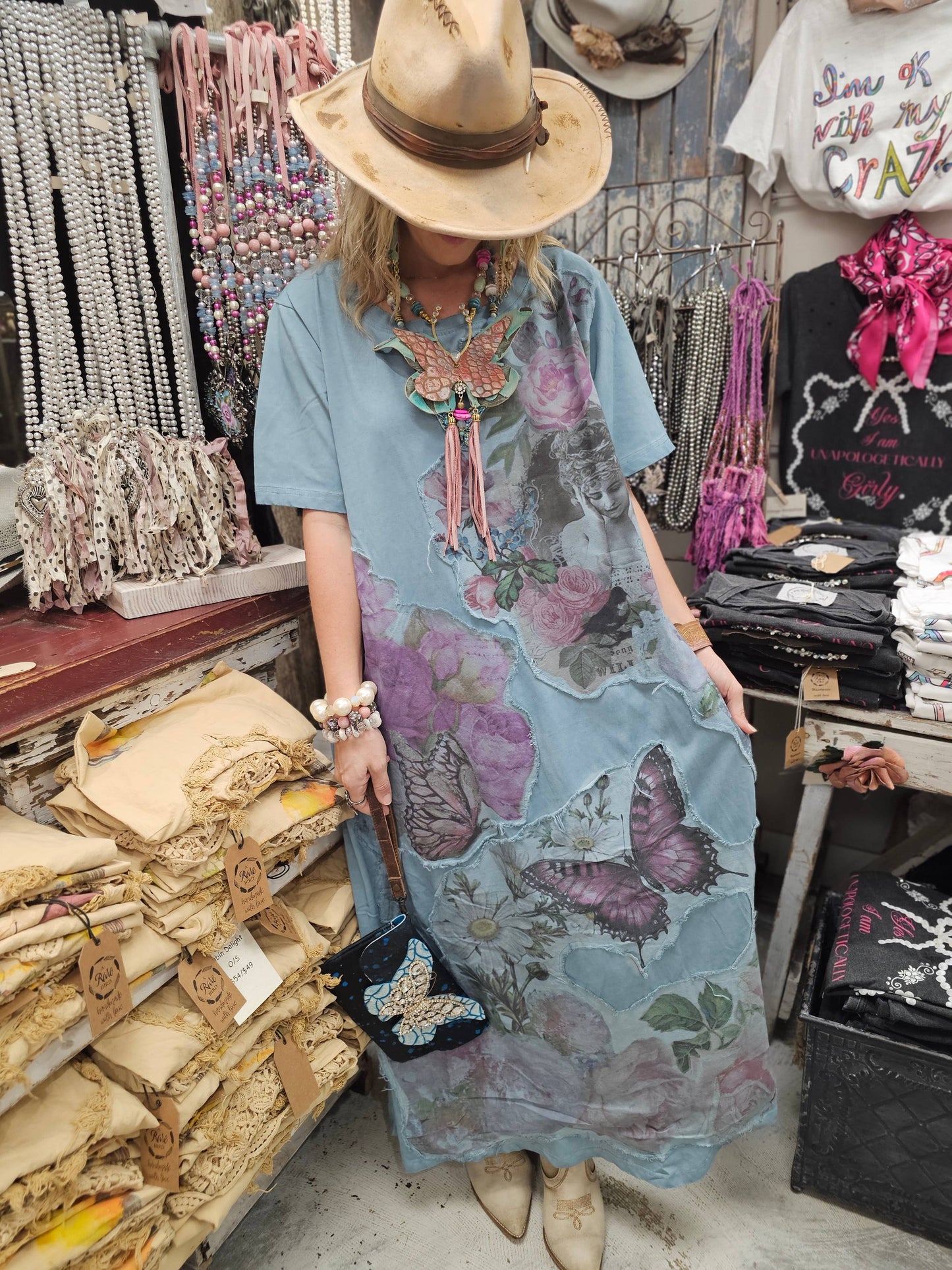 A Rare Bird - Blue Butterfly T-shirt Dress - One Size -Oversized