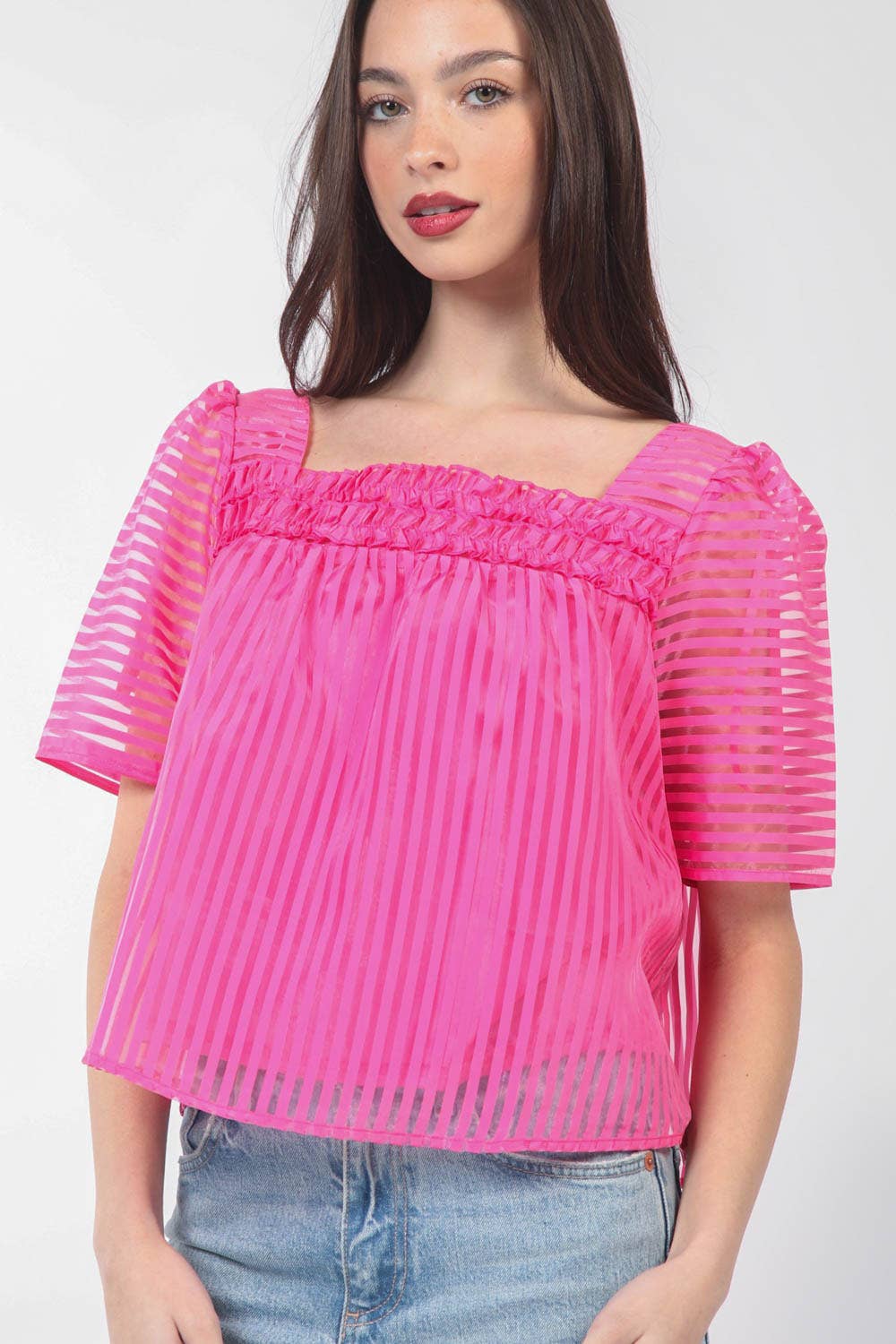 VERY J - Puff Sleeve Organza Stripe Sheer Blouse Top - 926 West
