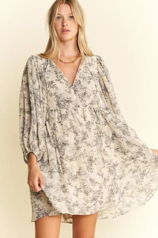 LINED 3/4 SLEEVE FLORAL CHIFFON BABYDOLL SHORT DRESS 926 West