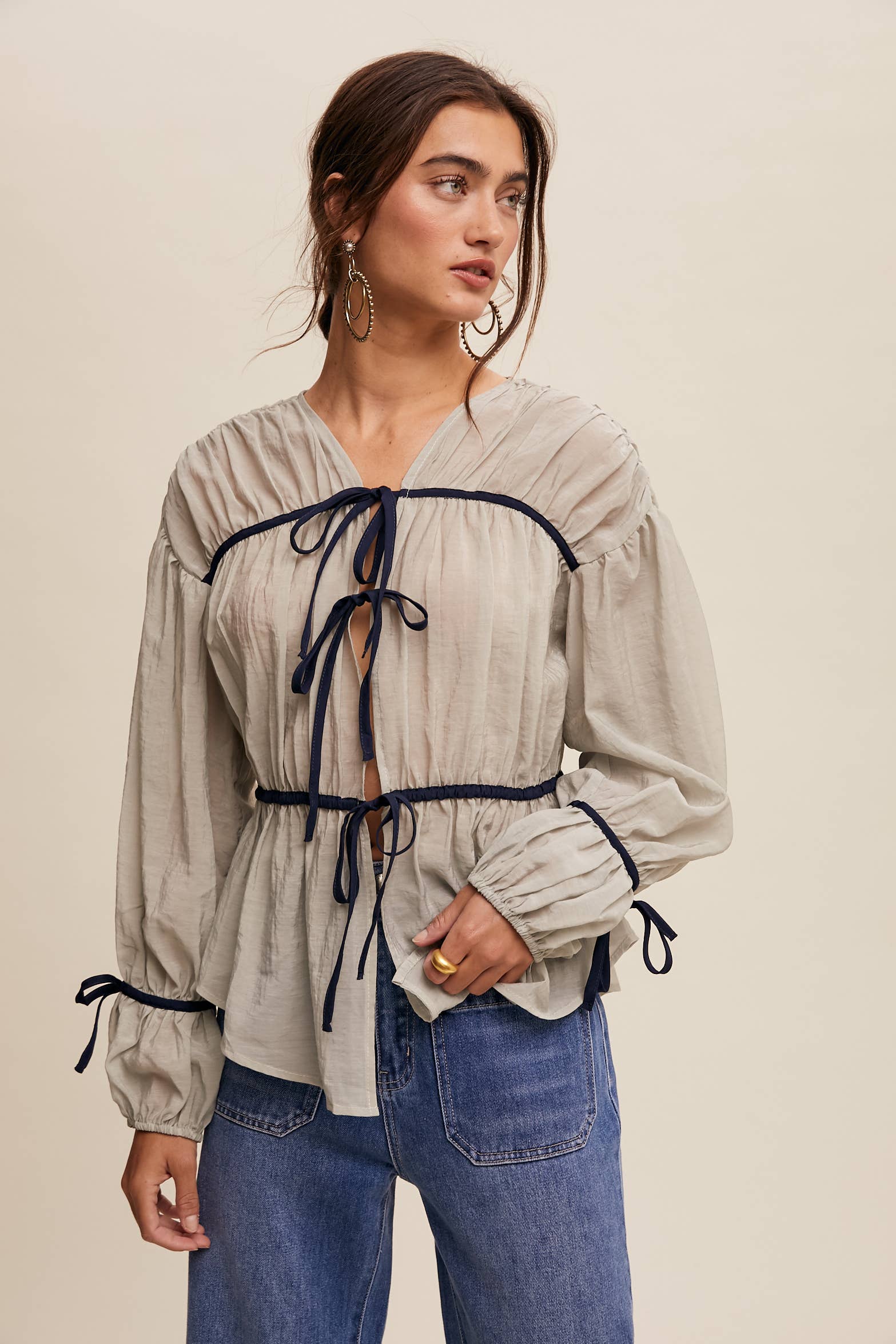 Contrast Trim Ribbon Tie Blouse Listicle