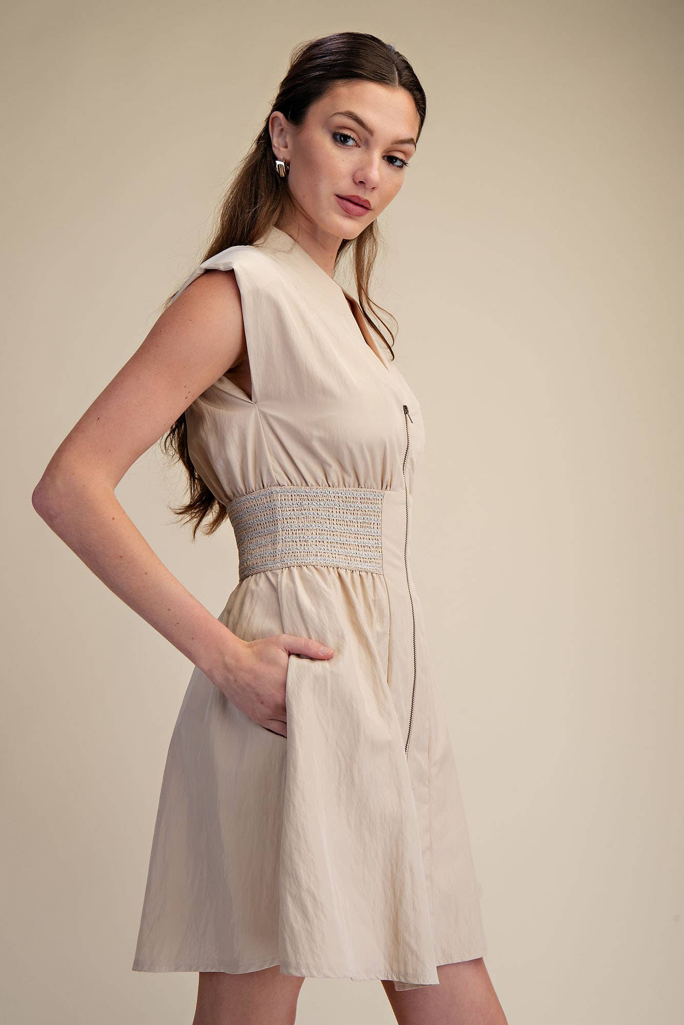 GLAM - V-Neck Front Zip Waist Smocked Shoulder Pad Mini Dress