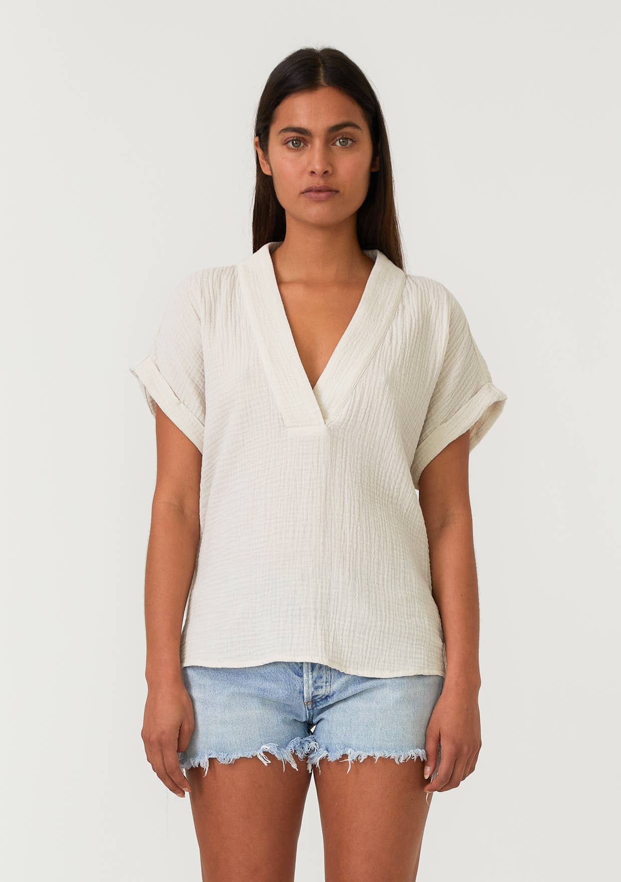 FINAL SALE -Effortless Boho Cotton Gauze Dolman Sleeve V-Neck Top 926 WEST