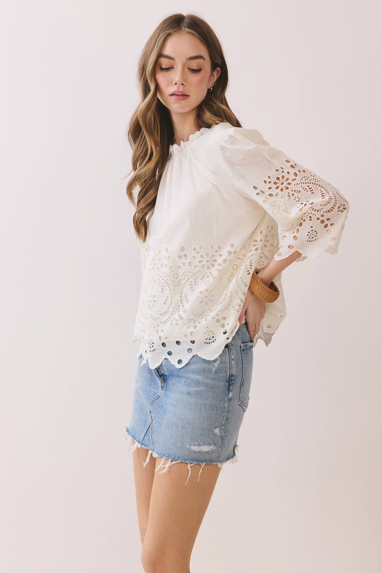 Floral Eyelet Embroidery Top - 3/4 Sleeve Ruffled Neck Blouse