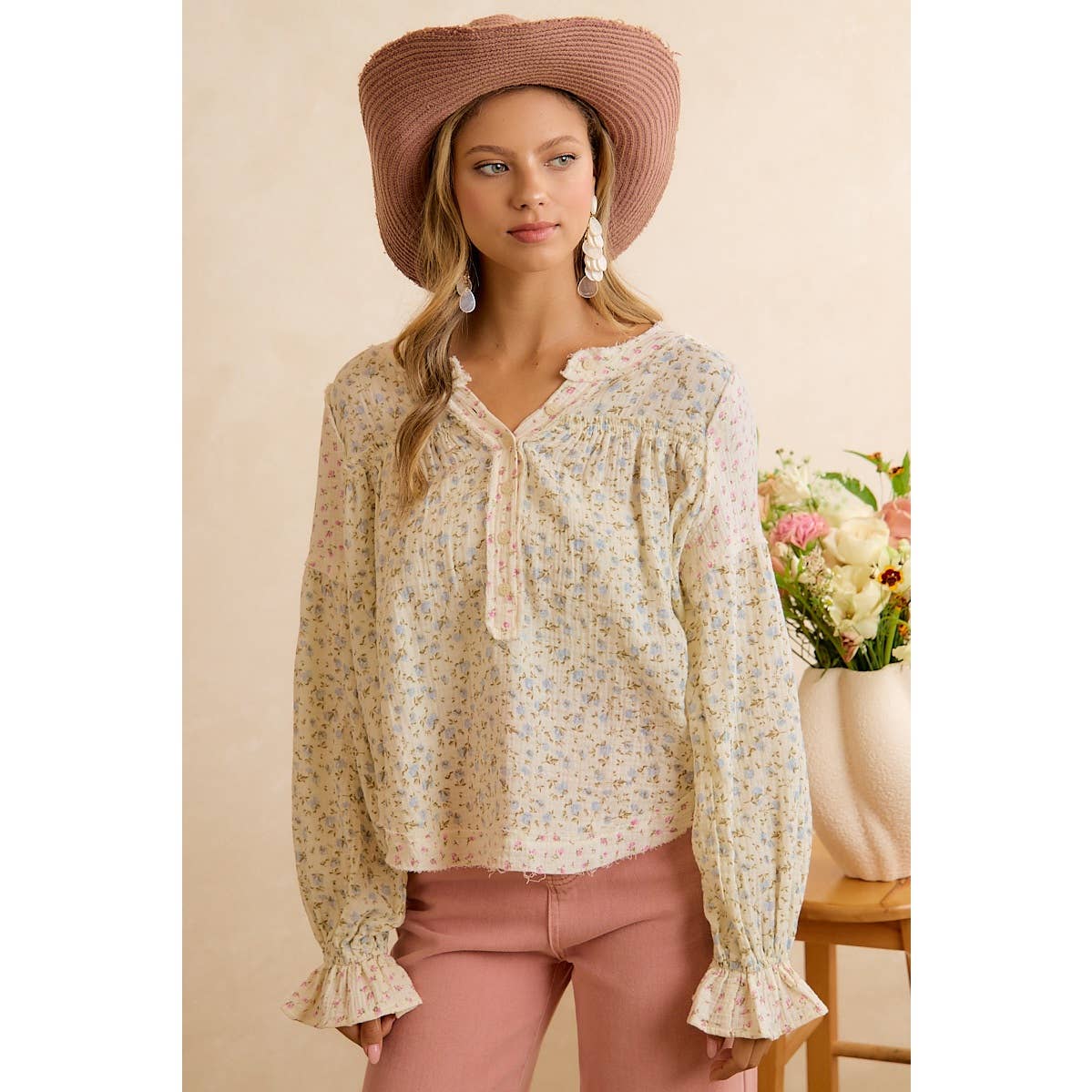 BiBi Floral Crinkle Gauze Button-Front Blouse