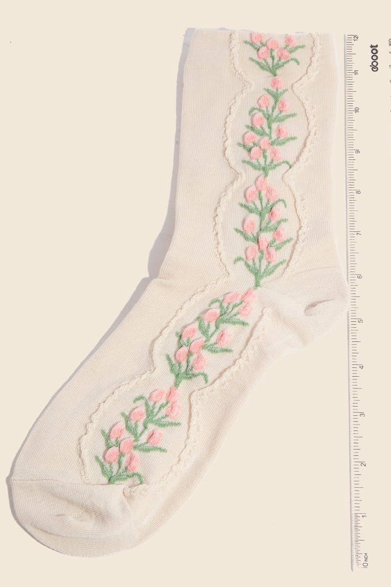 Beige Floral Tulip Vine Embroidered Socks Anarchy Street