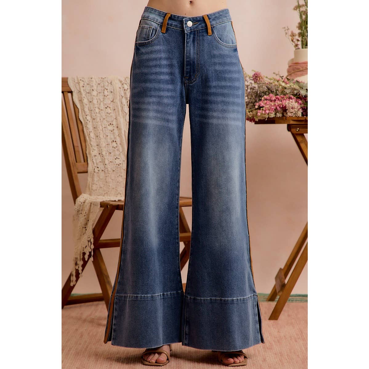 Wide-Leg Flare Washed Denim Jeans with Side-Seam Detail