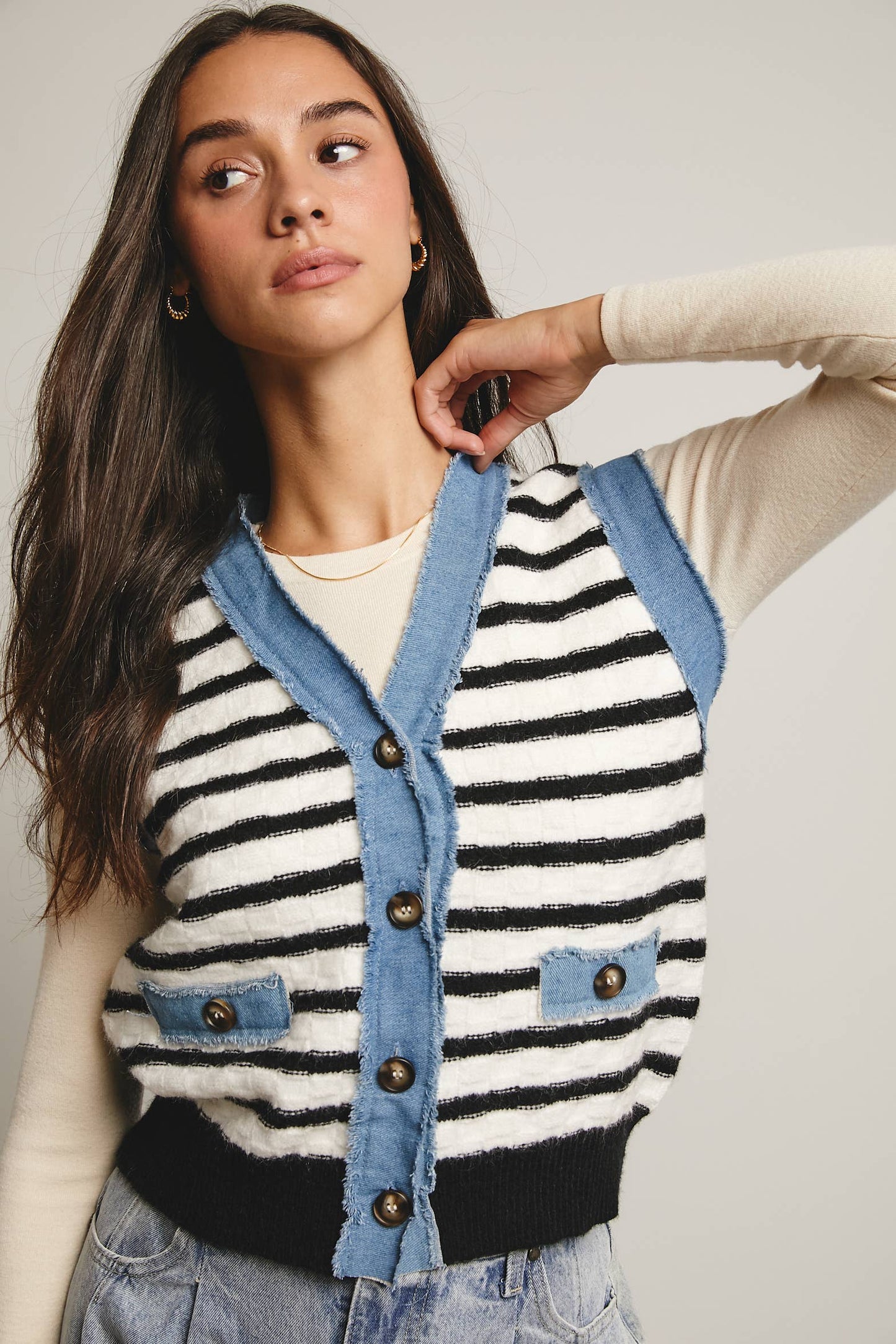 Your Favorite Denim Trim Knit Vest - 926 West