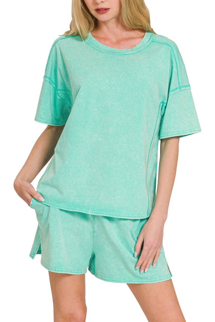 FINAL SALE- Acid Washed Short Sleeve Tee & Shorts Set 926 WEST
