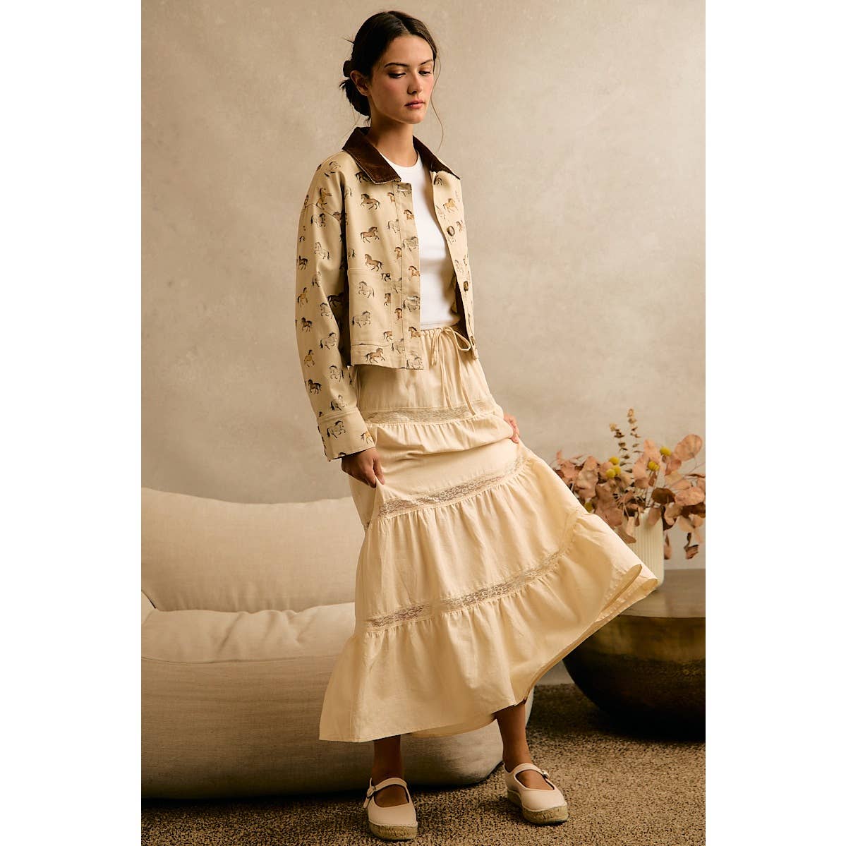 Ivory Lace-Trim Tiered Maxi Skirt