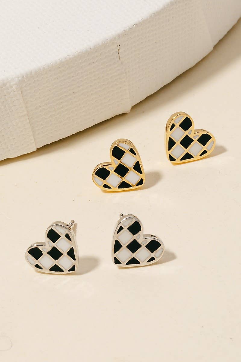 Gold Dipped Epoxy Checkered Heart Stud Earrings Fame Accessories